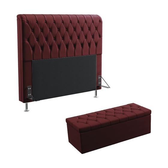 Imagem de Kit Cabeceira Estofada Decorativa Para Cama Box Bellatrix 160 Para Cama Queen Calçadeira Sagitarius Sued Bordô Aradecor