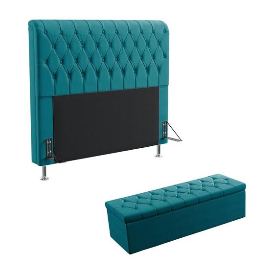 Imagem de Kit Cabeceira Estofada Decorativa Para Cama Box Bellatrix 195 Para Cama King e Calçadeira Sagitarius Sued Azul Turquesa