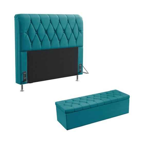 Imagem de Kit Cabeceira Estofada Decorativa Para Cama Box Sirius 195 King e Calçadeira Sagitarius Sued Azul Turquesa Aradecor