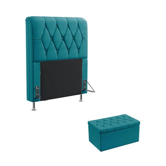 Imagem de Kit Cabeceira Estofada Decorativa para Cama Box Sirius 90 e Calçadeira Sagitarius Sued Azul Turquesa