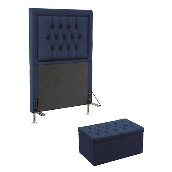 Imagem de Kit Cabeceira Estofada Decorativa Pegasus e Calçadeira Sagitarius 90 Para Cama de Solteiro Sued Azul Marinho Aradecor