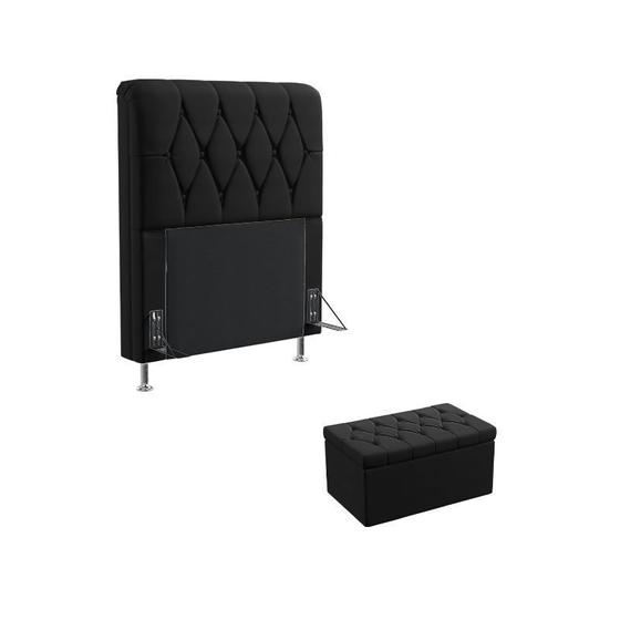 Imagem de Kit Cabeceira Estofada Decorativa Sirius 90 Para Cama de Solteiro Calçadeira Sagitarius Couro Artificial Preto Aradecor