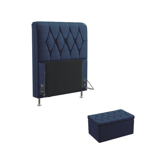 Imagem de Kit Cabeceira Estofada Decorativa Sirius 90 Para Cama de Solteiro e Calçadeira Sagitarius Sued Azul Marinho Aradecor