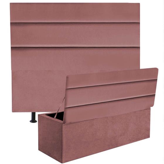 Imagem de Kit Cabeceira Estofada e Calçadeira Baú Recamier Argent 140cm Casal Padrão Suede Rose Gold - Ahazzo Móveis