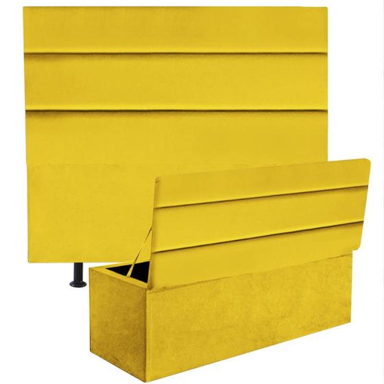 Imagem de Kit Cabeceira Estofada e Calçadeira Baú Recamier Argent 195cm King Size material sintético Amarelo - Ahz Móveis