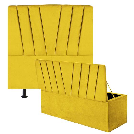 Imagem de Kit Cabeceira Estofada e Calçadeira Baú Recamier Bélgica 100cm Solteiro Suede Amarelo - Ahz Móveis