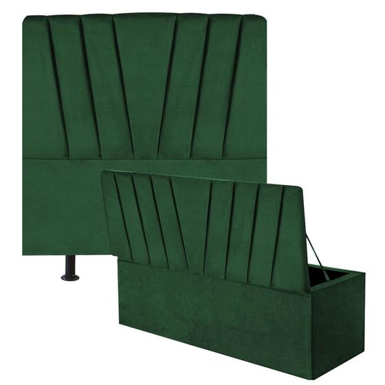 Imagem de Kit Cabeceira Estofada e Calçadeira Baú Recamier Bélgica 100cm Solteiro Suede Verde Musgo - Ahazzo Móveis