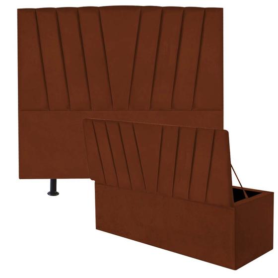 Imagem de Kit Cabeceira Estofada e Calçadeira Baú Recamier Bélgica 140cm Casal Padrão Suede Terracota - Ahazzo Móveis