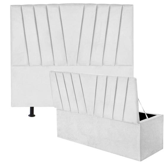 Imagem de Kit Cabeceira Estofada e Calçadeira Baú Recamier Bélgica 160cm Queen Size material sintético Branco - Ahz Móveis