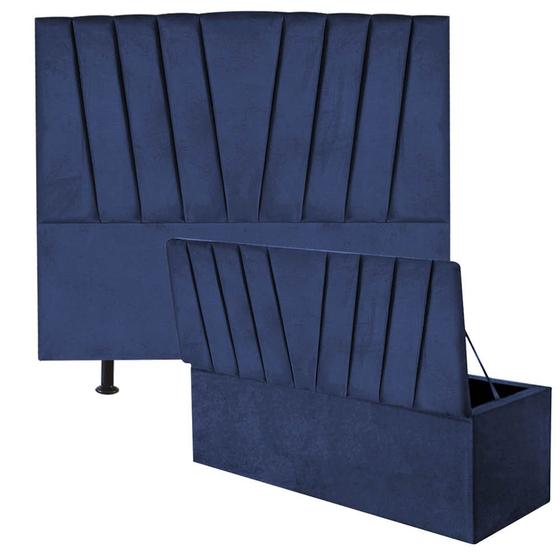 Imagem de Kit Cabeceira Estofada e Calçadeira Baú Recamier Bélgica 160cm Queen Size Suede Azul Marinho - Ahazzo Móveis