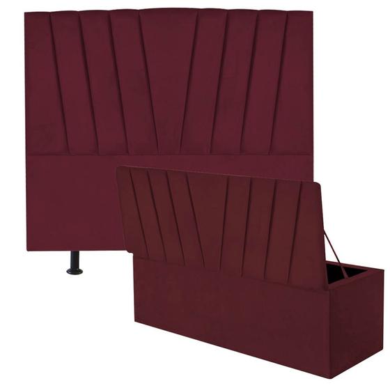 Imagem de Kit Cabeceira Estofada e Calçadeira Baú Recamier Bélgica 195cm King Size Suede Bordô - Ahz Móveis