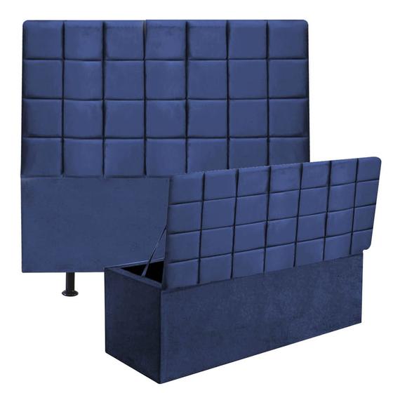 Imagem de Kit Cabeceira Estofada e Calçadeira Baú Recamier Clara 140cm Casal Padrão Suede Azul Marinho - Ahazzo Móveis