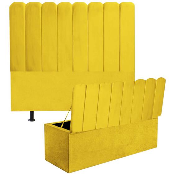 Imagem de Kit Cabeceira Estofada e Calçadeira Baú Recamier Dallas 160cm Queen Size Suede Amarelo - Ahazzo Móveis