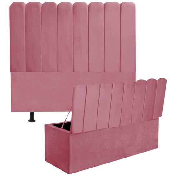 Imagem de Kit Cabeceira Estofada e Calçadeira Baú Recamier Dallas 195cm King Size Suede Rosa Bebê - Ahazzo Móveis