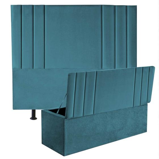 Imagem de Kit Cabeceira Estofada e Calçadeira Baú Recamier Grécia 140cm Casal Padrão Suede Azul Turquesa - Ahz Móveis