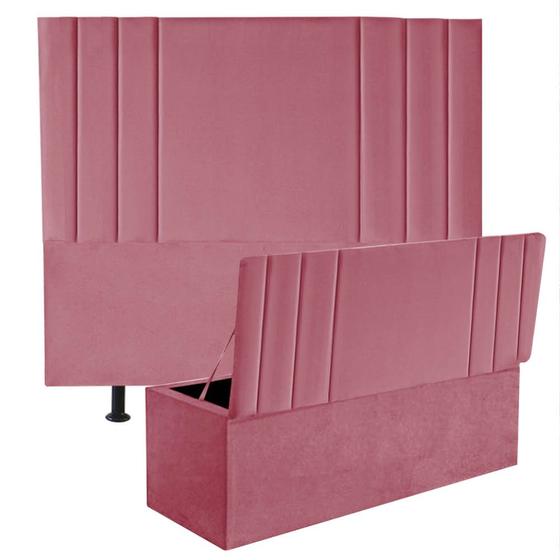 Imagem de Kit Cabeceira Estofada e Calçadeira Baú Recamier Grécia 140cm Casal Padrão Suede Rosa Bebê - Ahz Móveis