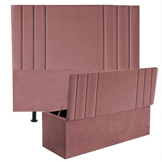 Imagem de Kit Cabeceira Estofada e Calçadeira Baú Recamier Grécia 140cm Casal Padrão Suede Rose Gold - Ahz Móveis