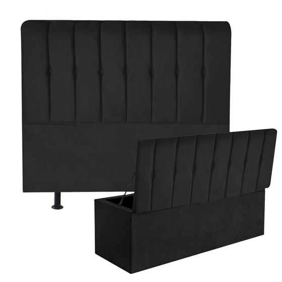 Imagem de Kit Cabeceira Estofada e Calçadeira Baú Recamier Kiara 195cm King Size Suede Preto - Ahazzo Móveis