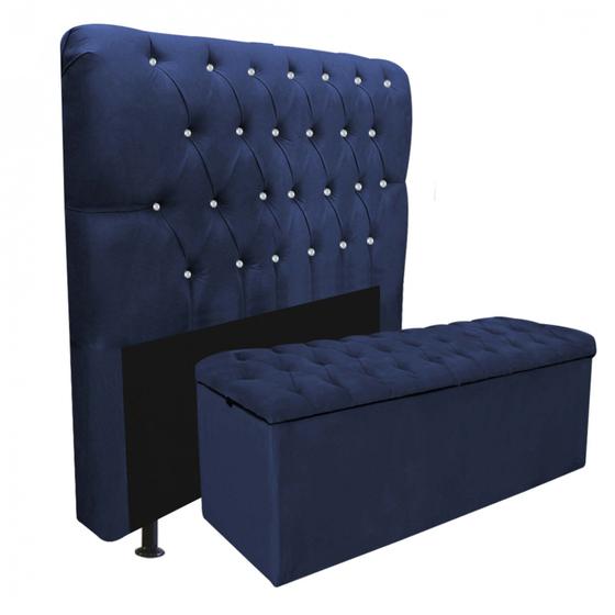 Imagem de Kit Cabeceira Estofada e Calçadeira Recamier Paris 195cm King Size Strass Suede Azul Marinho - Ahazzo Móveis