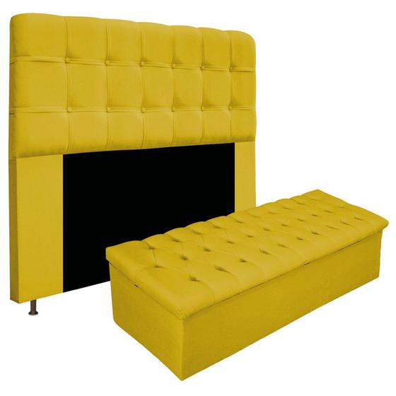 Imagem de Kit Cabeceira Estofada Mel Cama Box Queen 160 cm mais Calçadeira Baú Mel com Capitonê Suede Amarelo para Quarto - AM Decor