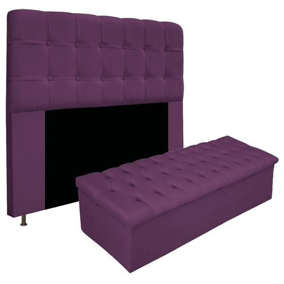 Imagem de Kit Cabeceira Estofada Mel Cama Box Queen 160 cm mais Calçadeira Baú Mel com Capitonê Suede Roxo para Quarto - AM Decor