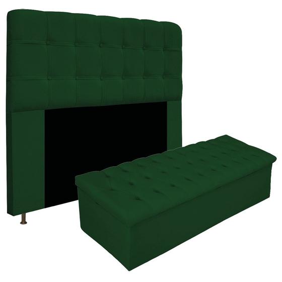 Imagem de Kit Cabeceira Estofada Mel Cama Box Queen 160 cm mais Calçadeira Baú Mel com Capitonê Suede Verde para Quarto - AM Decor