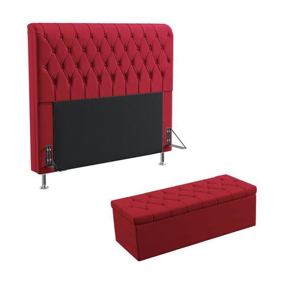 Imagem de Kit Cabeceira Estofada Para Cama Box Bellatrix 160 Para Cama Queen e Calçadeira Sagitarius Sued Vermelho Aradecor