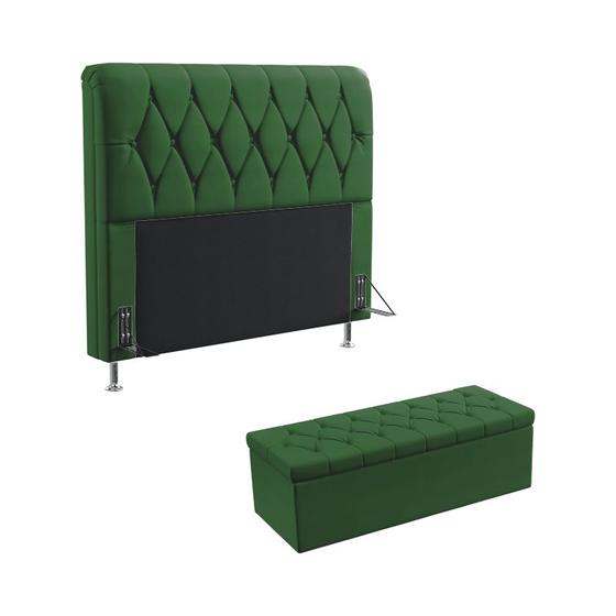 Imagem de Kit Cabeceira Estofada Para Cama Box Sirius 160 Para Cama Queen e Calçadeira Sagitarius Sued Verde Aradecor