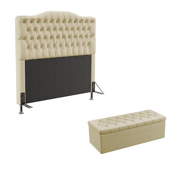 Imagem de Kit Cabeceira Estofada Pollux e Calçadeira Sagitarius 160 Para Cama Queen Sued Bege Aradecor