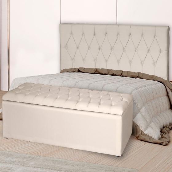 Imagem de Kit Cabeceira Estofada Solteiro  com Recamier Bau 90 cm para Cama Box Bege Livia Mafer