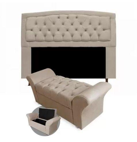 Imagem de Kit Cabeceira Geovana e Calçadeira Veneza Casal 140cm Suede Topázio Decor