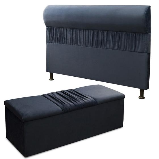 Imagem de Kit Cabeceira Mais Calçadeira Baú Casal Queen 160cm Para Cama Box Vitória Suede Azul - DS Estofados