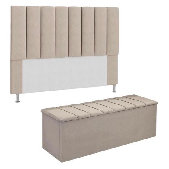 Imagem de KIT Cabeceira Mais Calçadeira com bau eros Casal 140 cm Para Cama Box Suede BEGE Biselos-Decor