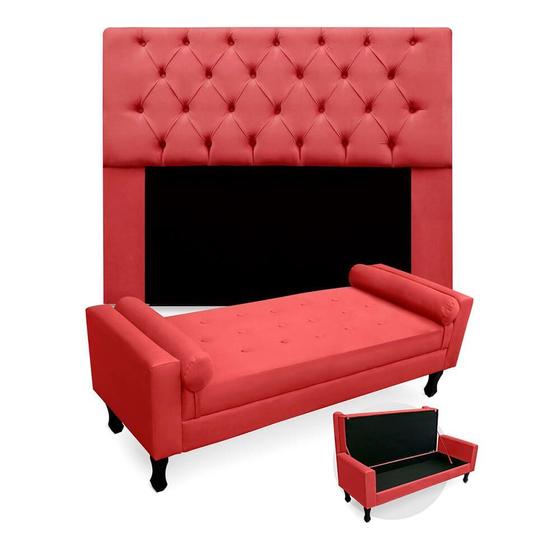 Imagem de Kit Cabeceira Mirage + Calçadeira Baú Felix Casal 140cm Suede - Ecotec Decor