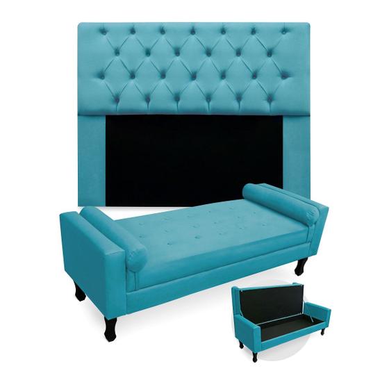 Imagem de Kit Cabeceira Mirage + Calçadeira Baú Felix King Size 195cm Suede - Renascer Decor