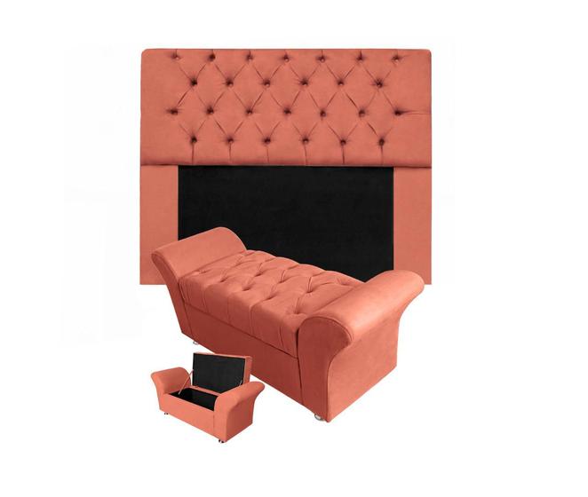 Imagem de Kit Cabeceira Mirage e Calçadeira Baú Veneza Queen 160 cm Suede Coral - DL Decor