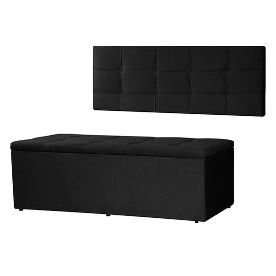 Imagem de Kit Cabeceira Painel e Calçadeira Baú Solteiro 0,90m Roma Suede Preto SKY MOBILE