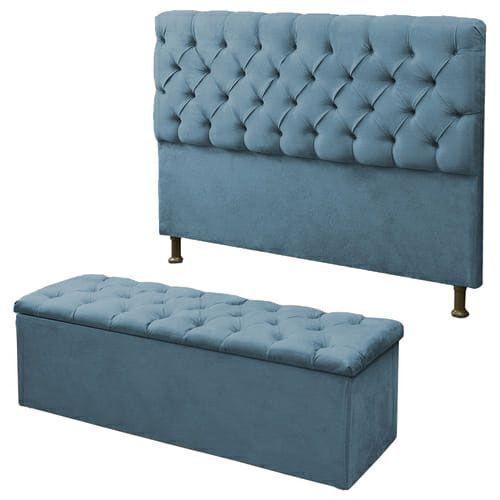 Imagem de Kit Cabeceira Paris+ Calçadeira Itália Solteiro 90 CM Suede Azul Turquesa- D A Decor