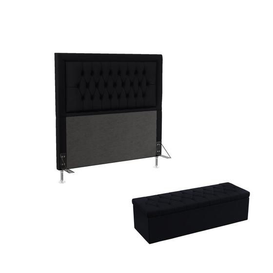 Imagem de Kit Cabeceira Pegasus 195 Para Cama Box King e Calçadeira Sagitarius N-024 Veludo Preto Aradecor