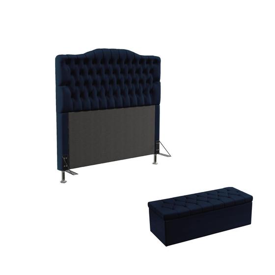 Imagem de Kit Cabeceira Pollux 140 Modulada Estofada e Calçadeira Sagitarius N-025 Veludo Azul Marinho Aradecor