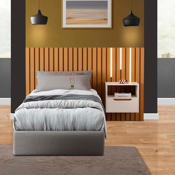 Imagem de Kit Cabeceira Solteiro Ripada Com Led Com Mesa De Cabeceira Suspensa Nature Pérola Nettie Shop Jm