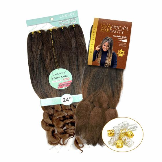 Imagem de Kit Cabelo 1 Boho Curl + 1 Jumbo African Beauty 400Gr + Anéis