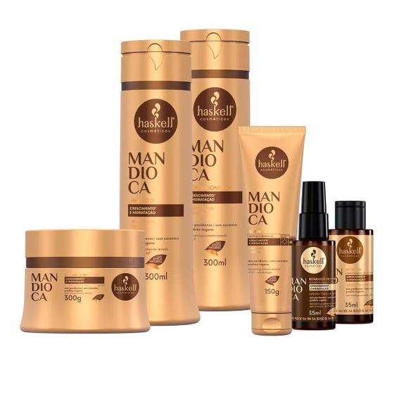 Imagem de Kit Cabelos Fracos e Opacos Haskell Mandioca 300ml 6 Itens