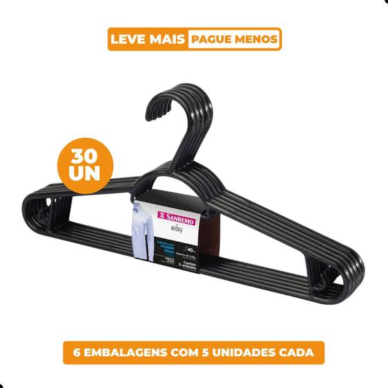 Imagem de Kit Cabide Plástico Adulto 40cm Preto Sanremo 30 Unidades