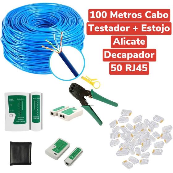 Imagem de KIT CABO DE REDE 100M azul + ALICATE RJ45RJ11 + TESTADOR + 50RJ45