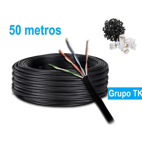 Imagem de Kit Cabo de Rede CFTV preto 50 metros + 6un Conector RJ45 macho + 6un Capa preta