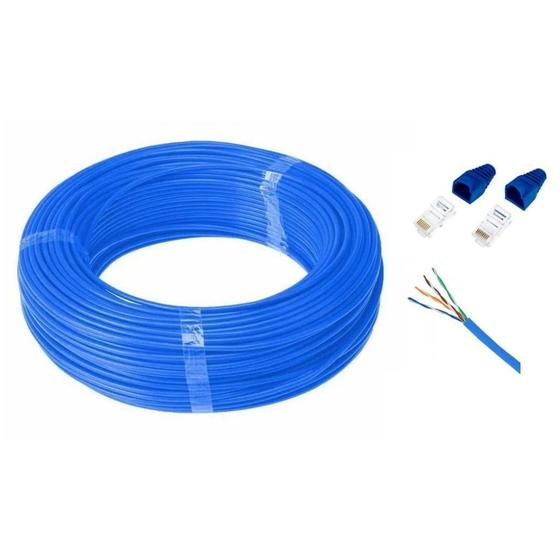 Imagem de Kit Cabo de Rede rolo com 40 metros CFTV 2 conectores rj45  2 capinha protetora Internet Lan Utp Azul