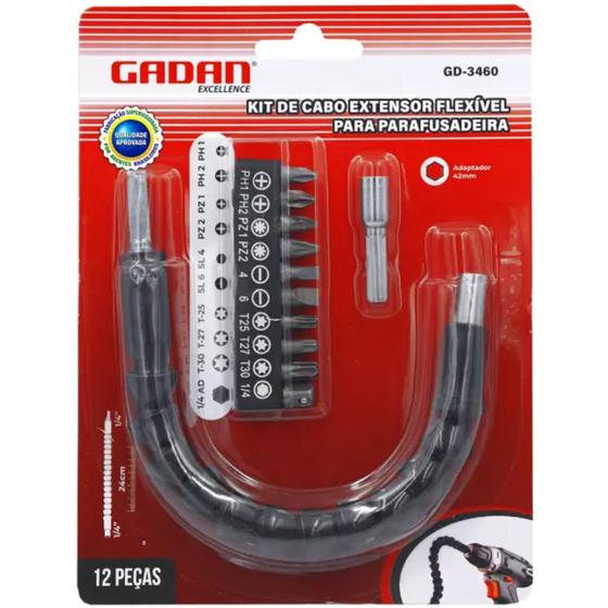 Imagem de Kit cabo extensor flexivel + 11 pcs para parafusadeira - gadan