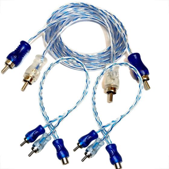 Imagem de Kit cabo rca 1metro com 2 rca y 1M/2F injetado azul cristal