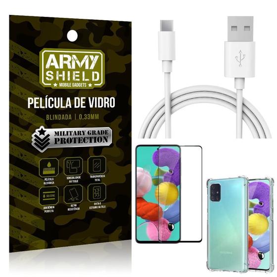 Imagem de Kit Cabo Usb 2m Tipo C Galaxy A51 + Capa Anti Impacto + Película Vidro 3D - Arymshield